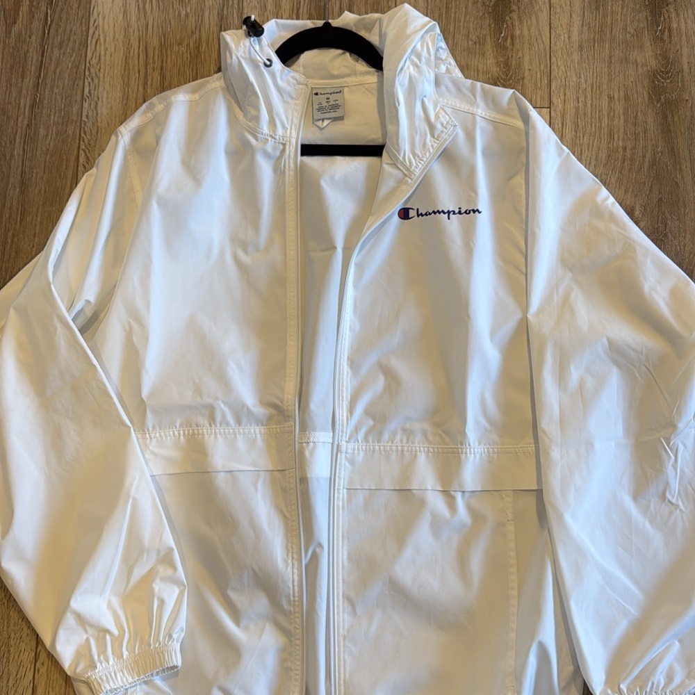 Champion white rain jacket coat hooded drawstring hips size medium oversized